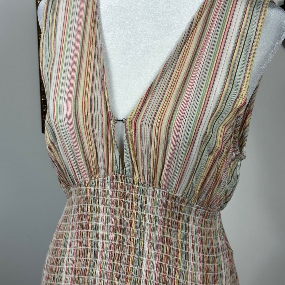 O'Neill Multi Color V Neck Striped Dress w/ Ruched Bodice - SIZE L Ruffle Beach - Picture 3 of 6